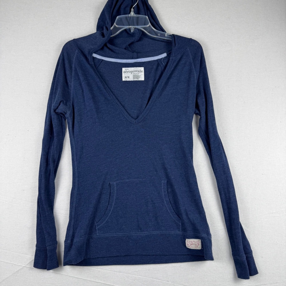 Aeropostale Womens Medium Blue V-Neck Long Sleeve Hoodie Pullover